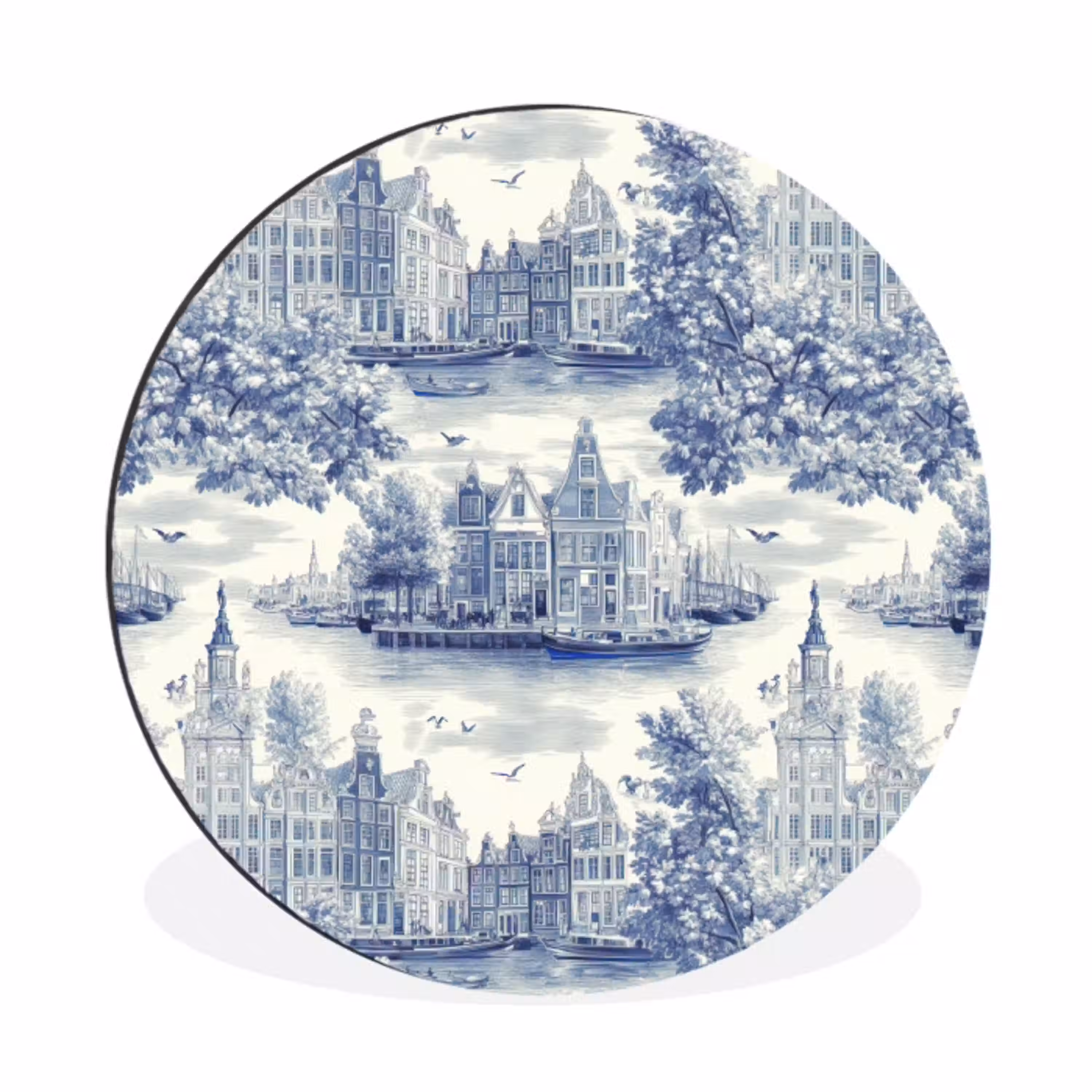 Huizen - Bomen - Water - Vogels - Blauw Wandcirkel aluminium klein 190 -3d