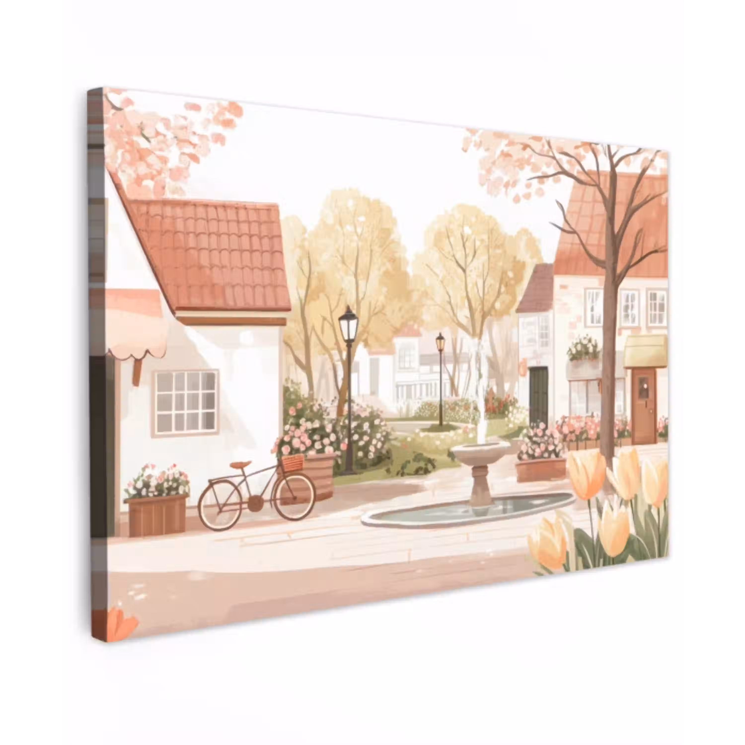 Dorpsplein - Fontein - Tulpen Tuinposter op houten frame 2 cm dik klein -3d
