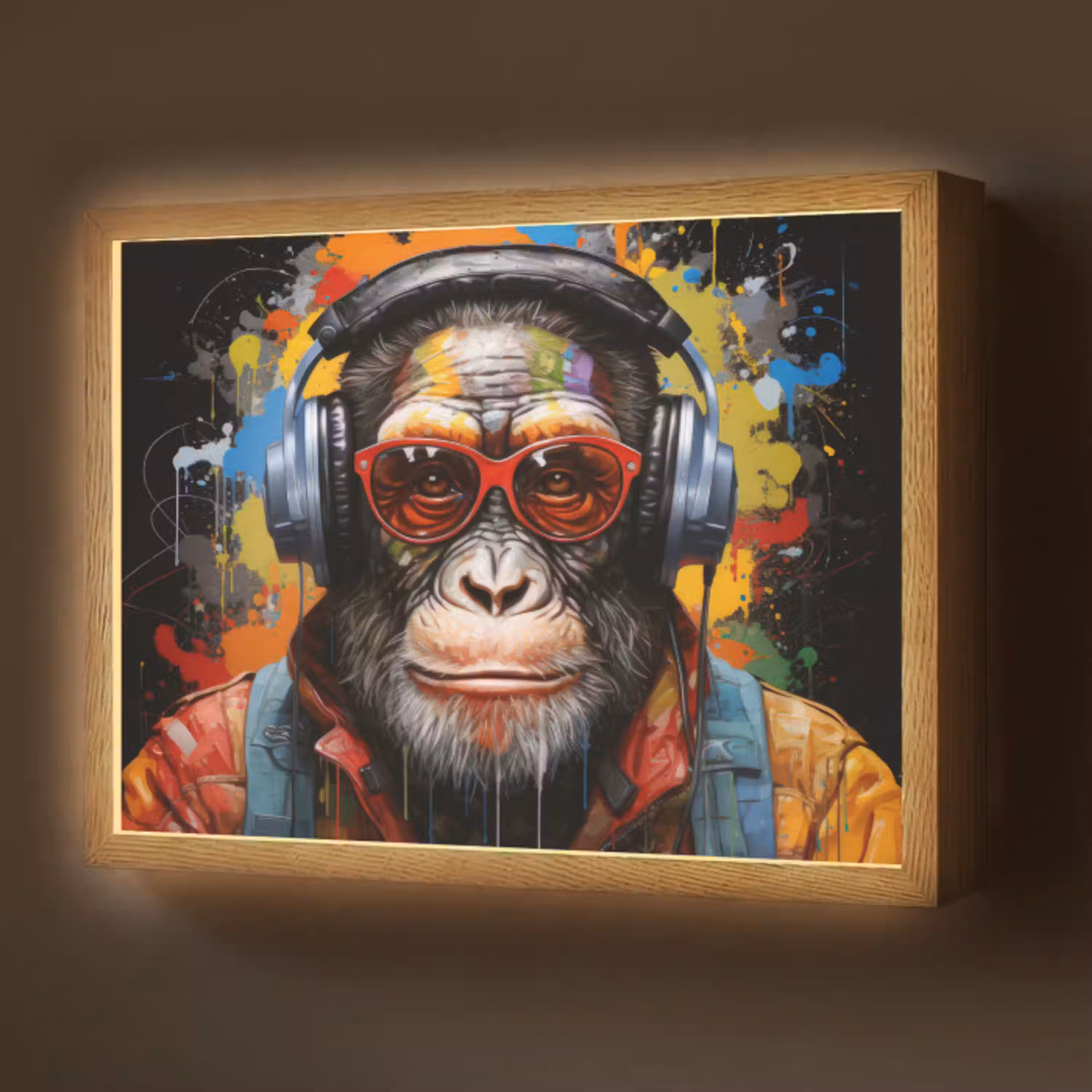 Chimpansee - Aap - dieren - Graffiti - Bril - Koptelefoon - Kleuren Light Box met batterij (Wandlamp) middel -z3d_website