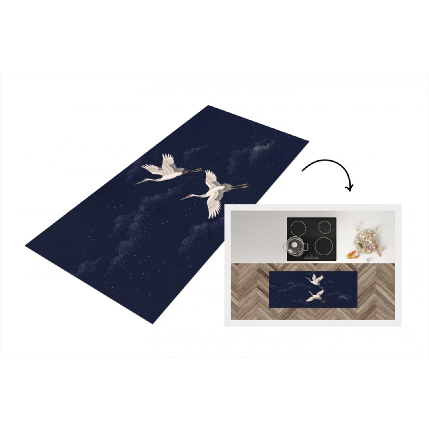 Kraanvogels - Nachthemel - Blauw Keukenloper - keukenmat middel -3d
