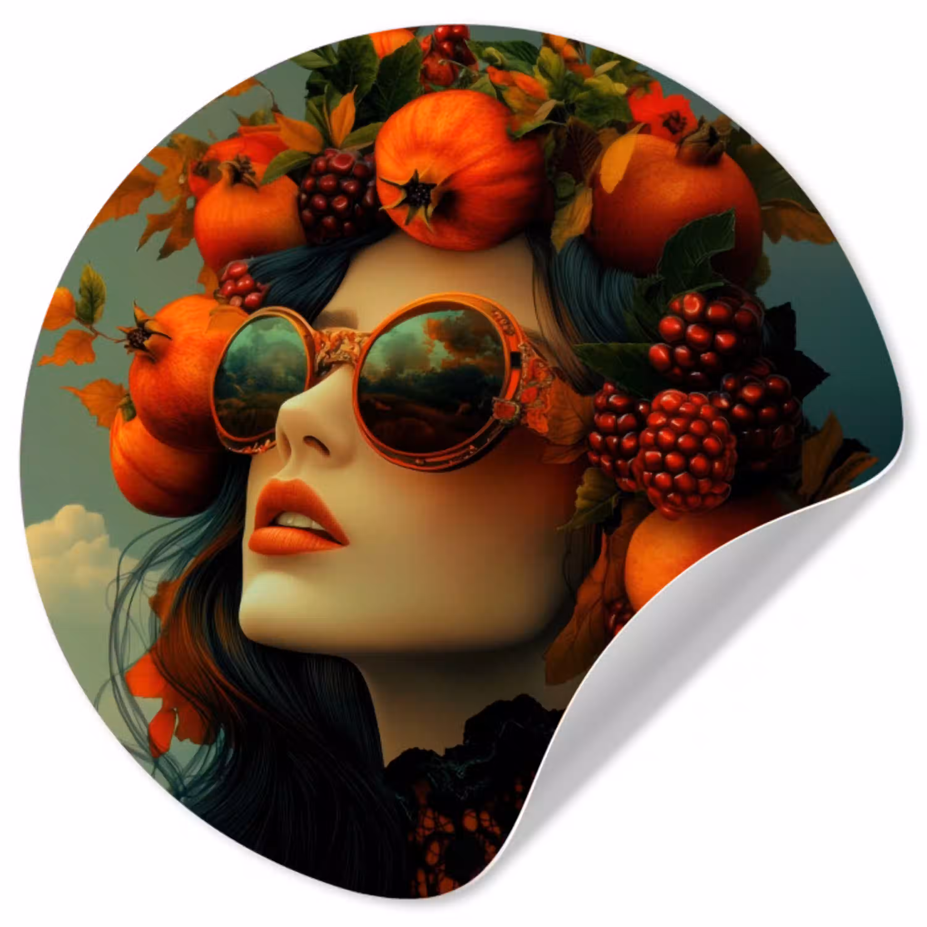 Vrouw - Granaatappel - Herfst - Zonnebril Wandcirkel behangsticker klein -3d