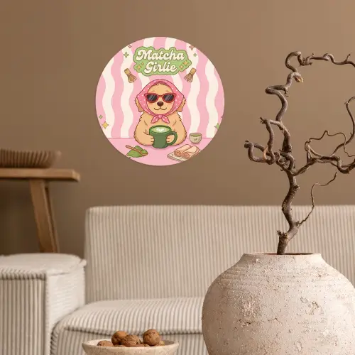 Matcha - Hond - Roze - Groen Wandcirkel behangsticker klein -sfeer1