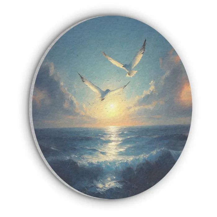 Meeuwen - Zee - Wolken -Blauw Akoestische PET Vilt - Rond klein -3d