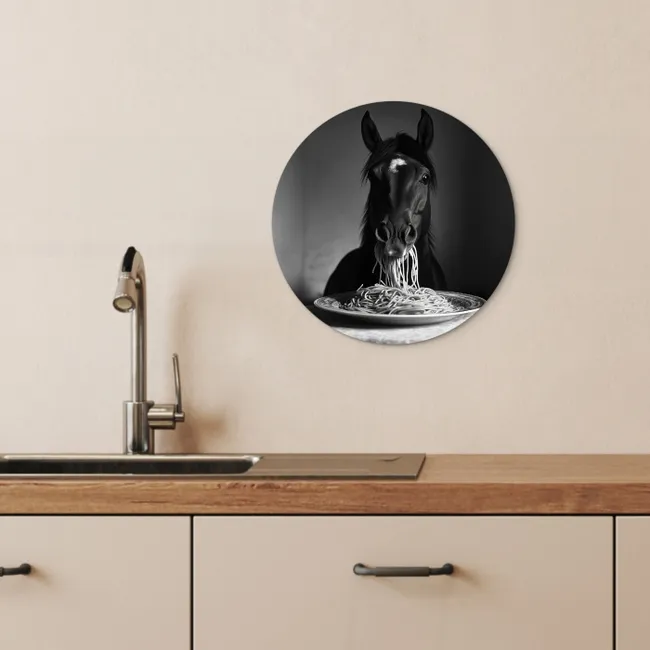 Paard - Bord - Pasta - Tafelkleed - Zwart Wit - Dieren KitchenYeah - Keuken - Wandcirkel Forex klein -sfeer3