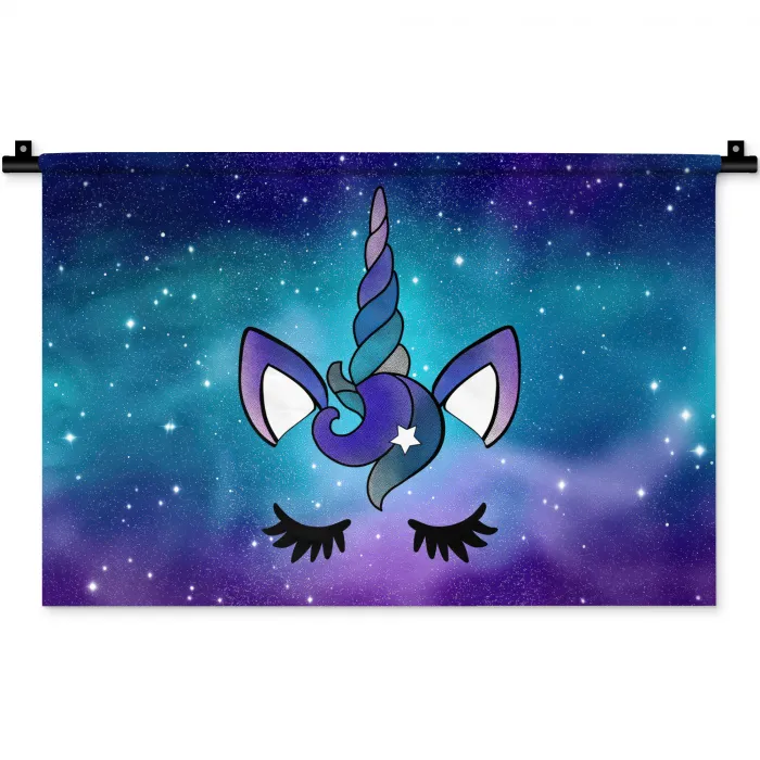 Eenhoorn - Sterrenhemel - Ster - Blauw Wandkleed katoen klein -zz3d