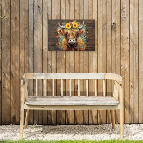 Hooglander met Bloemenkroon Tuinposter op houten frame 2 cm dik klein -sfeer4