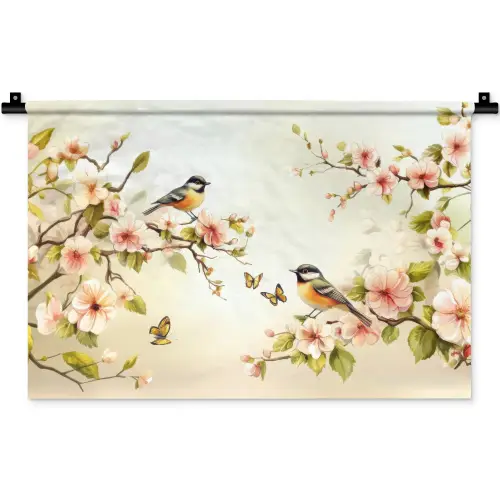 Takken - Bloemen - Vogeltjes - Roze Wandkleed katoen klein -zz3d
