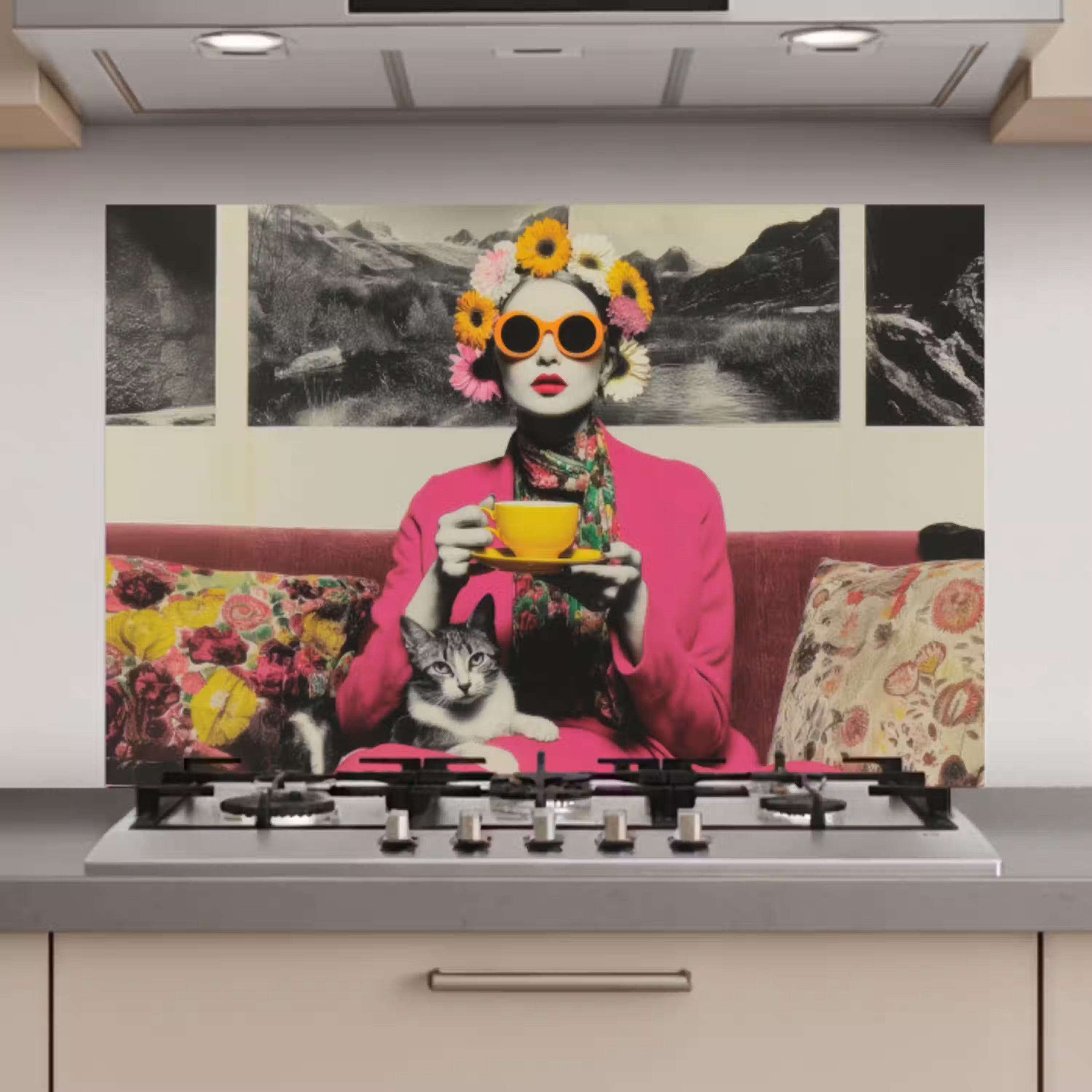 Vrouw - Kat - Bloemen - Kopje - Retro keuken achterwand spatscherm klein -3d_website