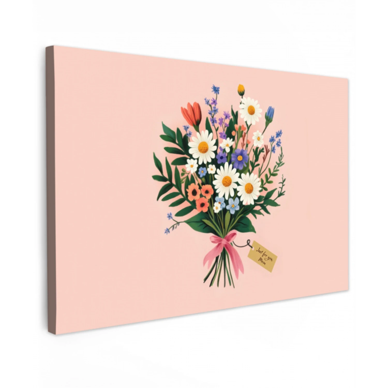 Margrieten - Boeket - Strikje - Roze Tuinposter op houten frame 2 cm dik klein -3d