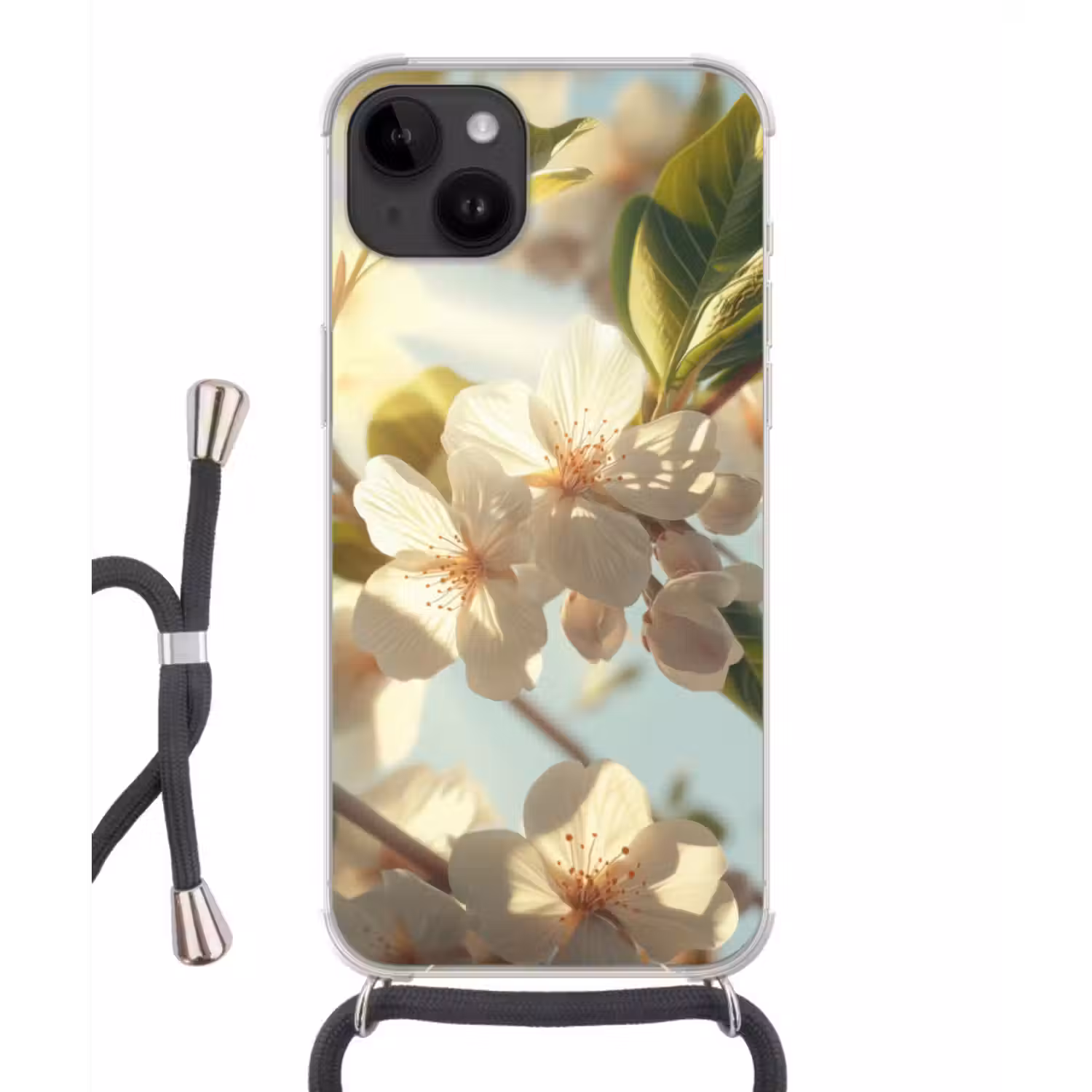 Telefoonhoesje crossbody - Bloesems - Wit - Zonnestralen -  Bloemblaadjes
