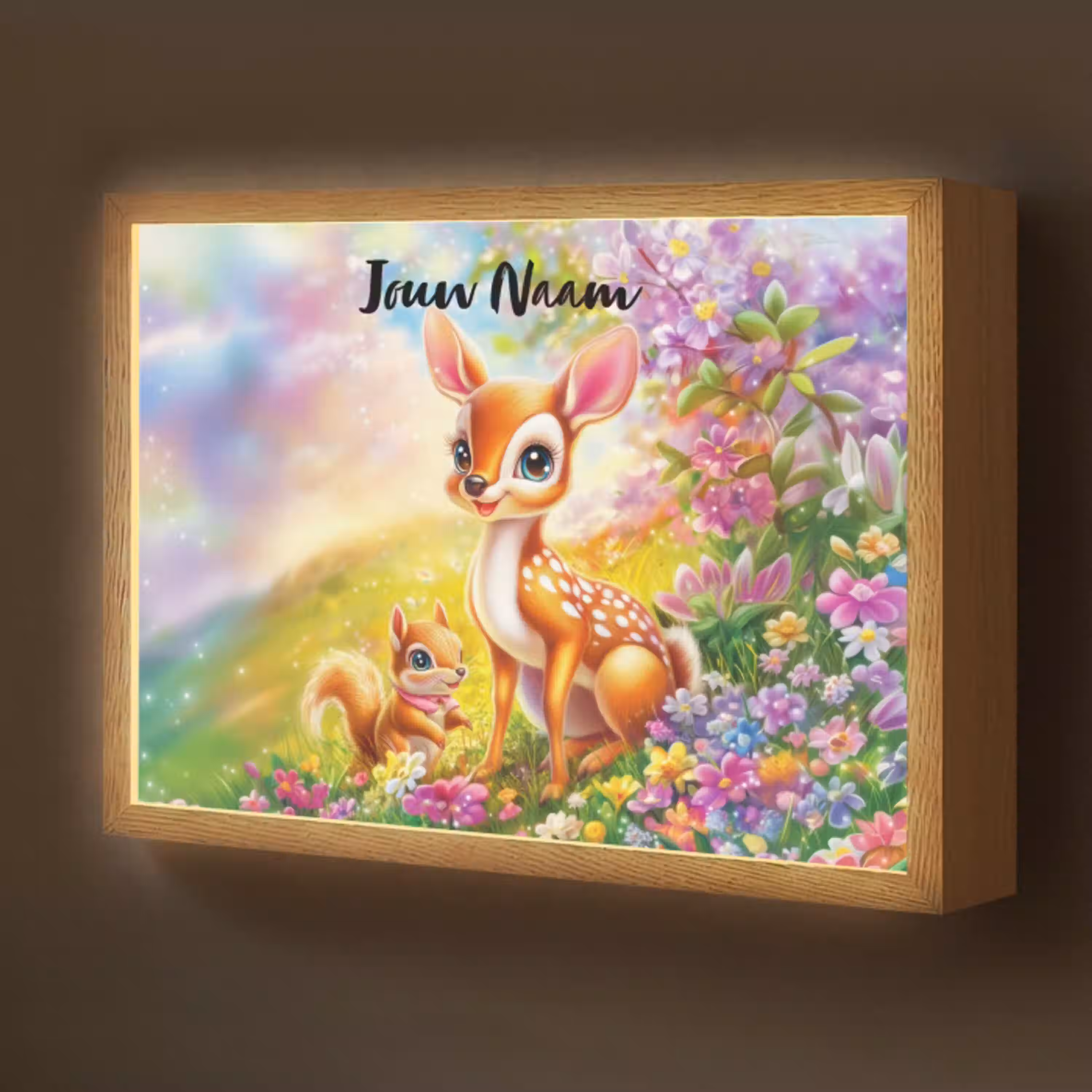 Hertje - Eekhoorn - Bloemenveld - Kleurrijk Light Box met batterij (Wandlamp kind) middel -z3d_website