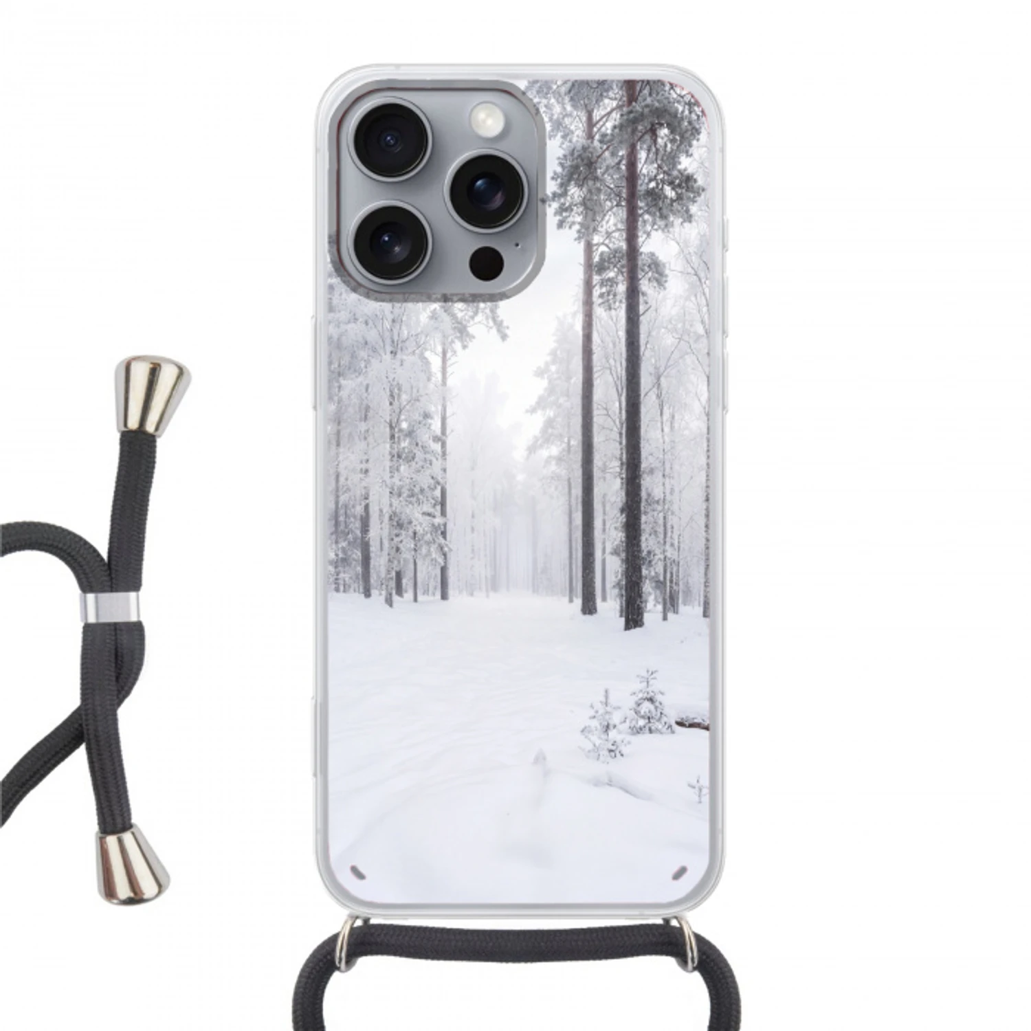 Bos - Sneeuw - Pad - Winter - Stilte Hoesje iPhone 16 Pro Max met koord klein -3d