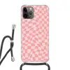 Hokjes patroon - Roze - Golvende lijnen Hoesje iPhone 12 Pro met koord klein -3d