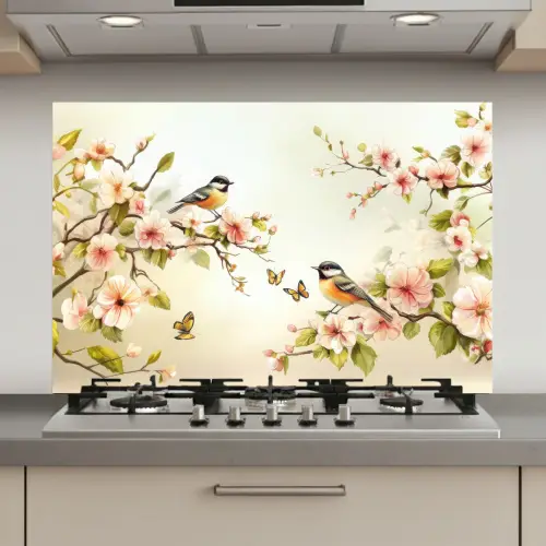 Takken - Bloemen - Vogeltjes - Roze keuken achterwand spatscherm klein -3d_website