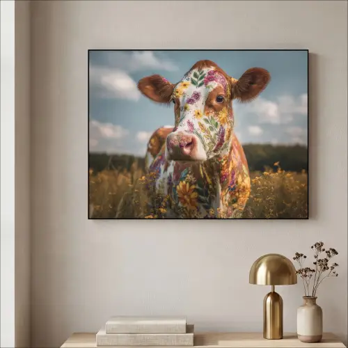 Koe - Bloemen - Weiland Textielframe zwart klein -sfeer2