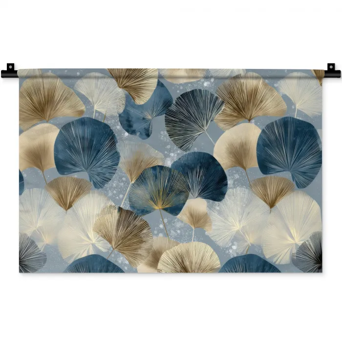 Bladeren - Abstract - Goud - Blauw Wandkleed katoen klein -zz3d