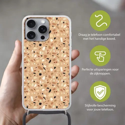 Terrazzo - Patroon - Kleurrijk - Oranje Hoesje iPhone 16 Pro Max met koord klein 804 -sfeer2_NL