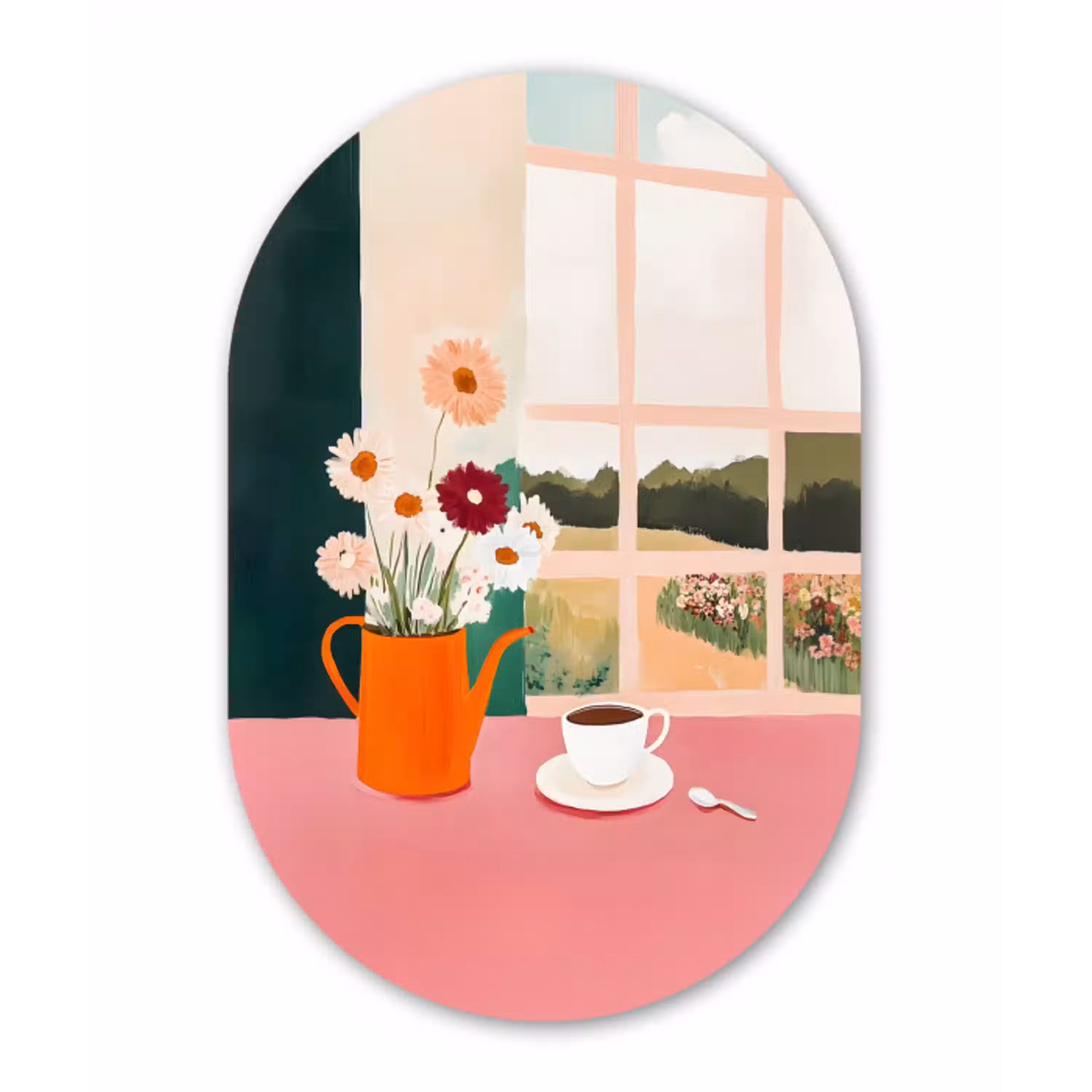 Bloemen - Koffie - Raam Wandcirkel Ovaal Aluminium middel -3d