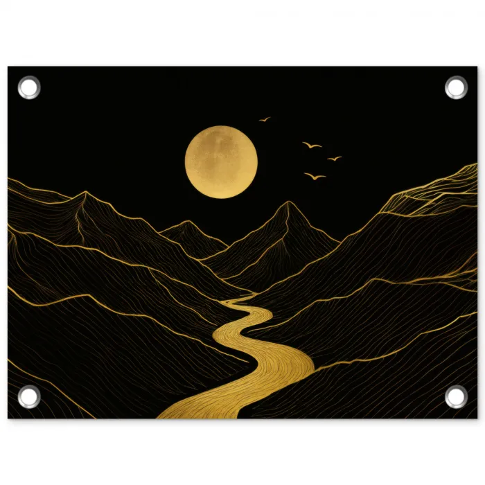 Rivier - Goud - Maan - Vogels tuinposter los doek klein -3d