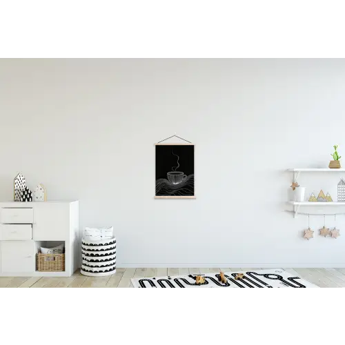 Lijntekening - Koffiekop - Zwart textielposter latten blank klein -kinderkamer