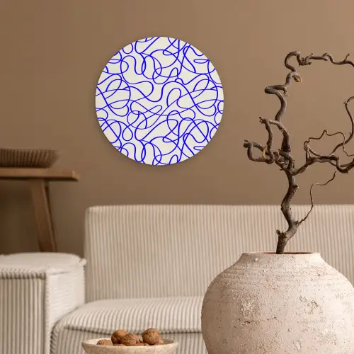 Patronen - Beige - Blauw - Lijnen Wandcirkel plexiglas klein 852 -sfeer1
