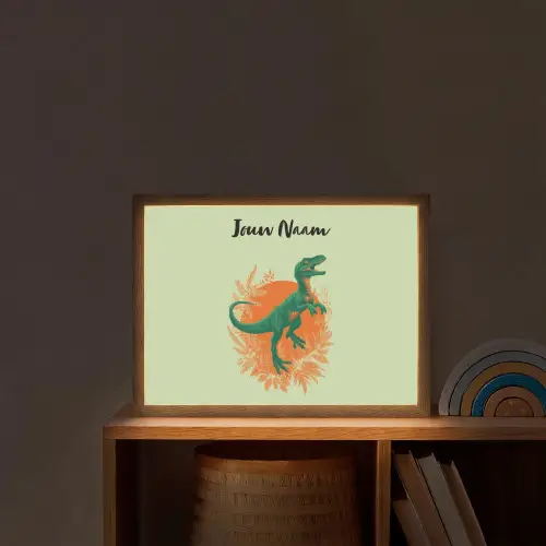 Dino - Groen - Bladeren - Cirkel Light Box met batterij (Wandlamp kind) middel -sfeer1_kind