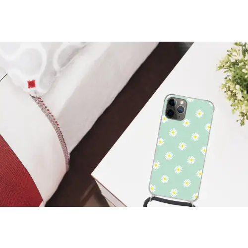 Madeliefjes - Pastel - Wit - Groen - Bloemen patroon Hoesje iPhone 12 Pro met koord klein -kamer