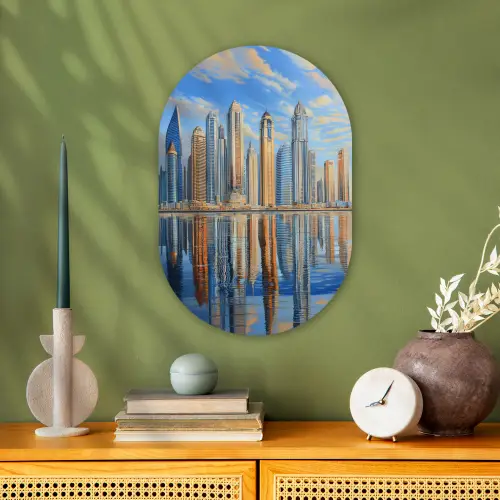 Skyline - Wolkenkrabbers - Water - Blauw Wandcirkel Ovaal Forex klein -sfeer2