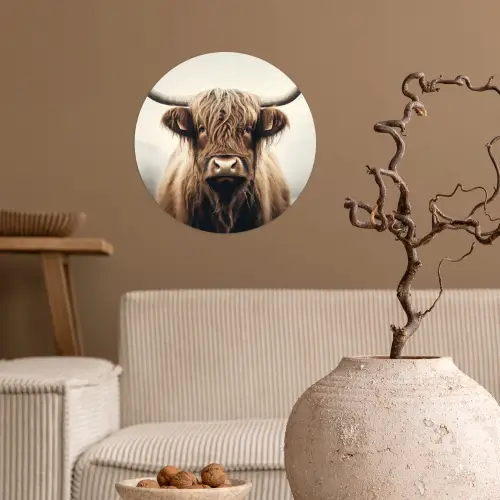 Schotse hooglander - Hoorns - Landschap Wandcirkel behangsticker klein -sfeer1