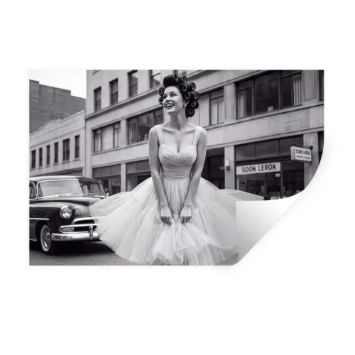 Retro - Vrouw - Zwart - Wit Muursticker klein -3d