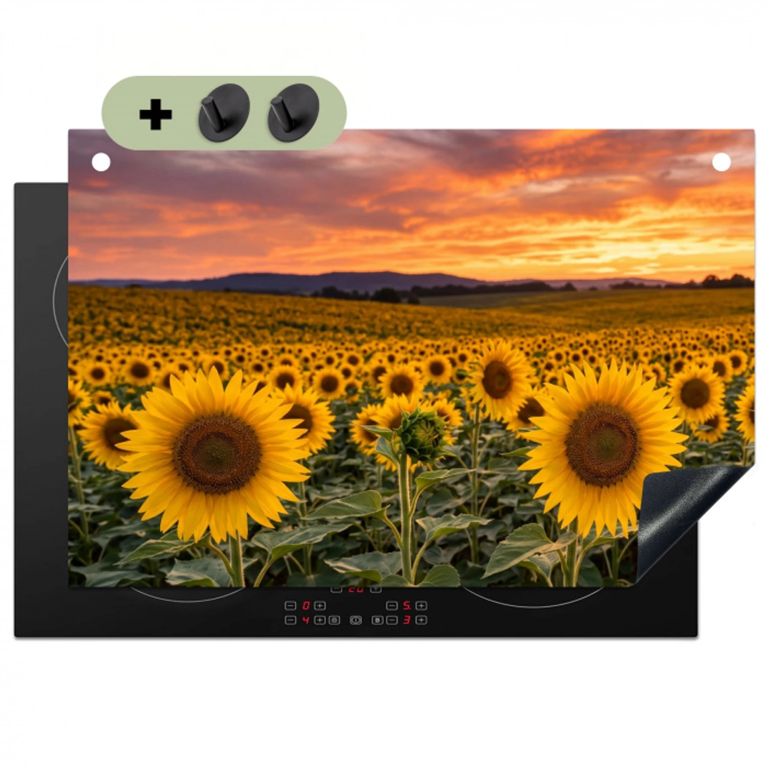 Zonnebloemen - Heuvellandschap - Geel Inductie beschemer met haakjes klein -3d