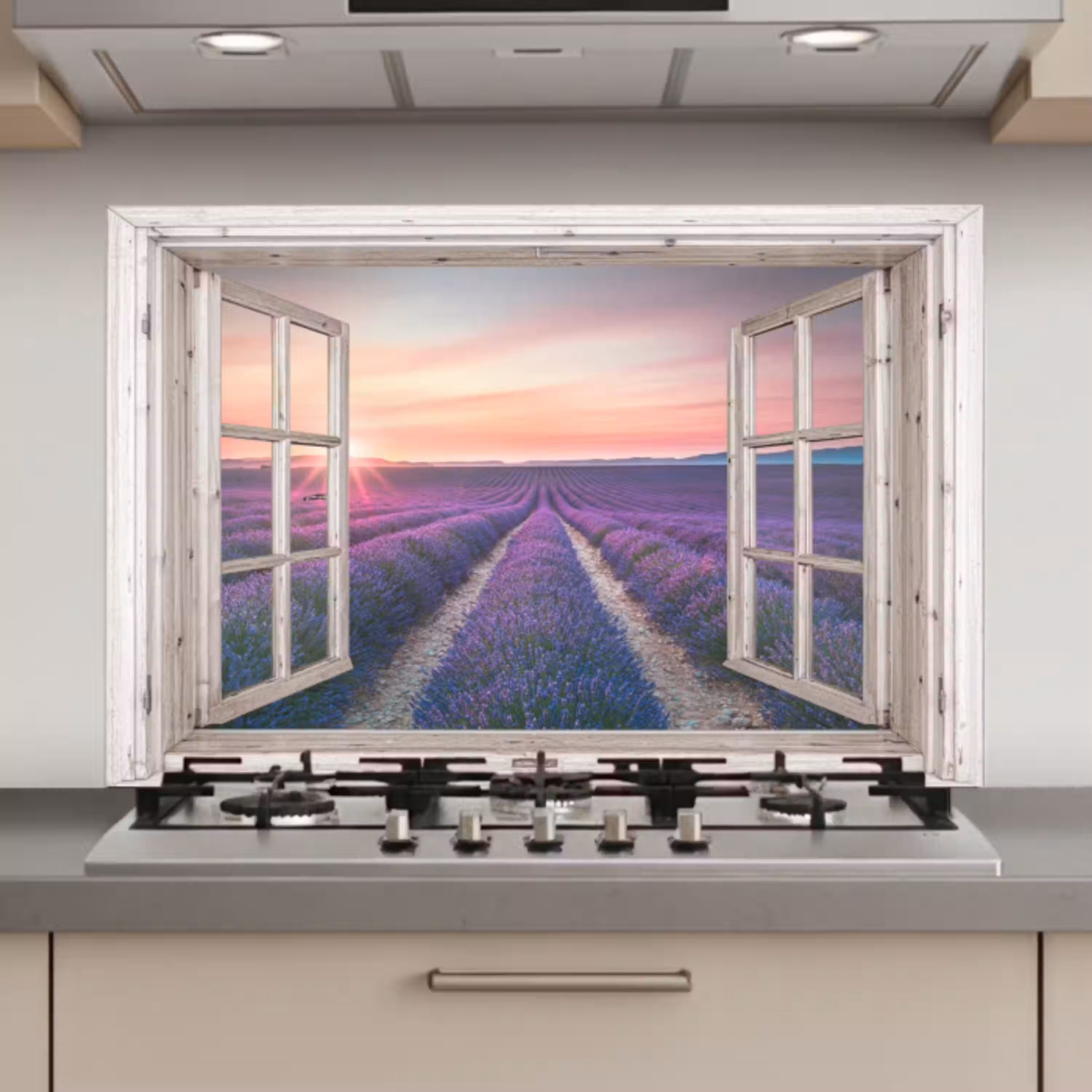 Doorkijk - Lavendel - Bloemen - Hout - Zonsondergang - Paars keuken achterwand spatscherm klein -3d_website