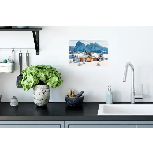 Winter - Huisje - Bergen - Uitzicht - Sneeuw Muursticker klein -keuken
