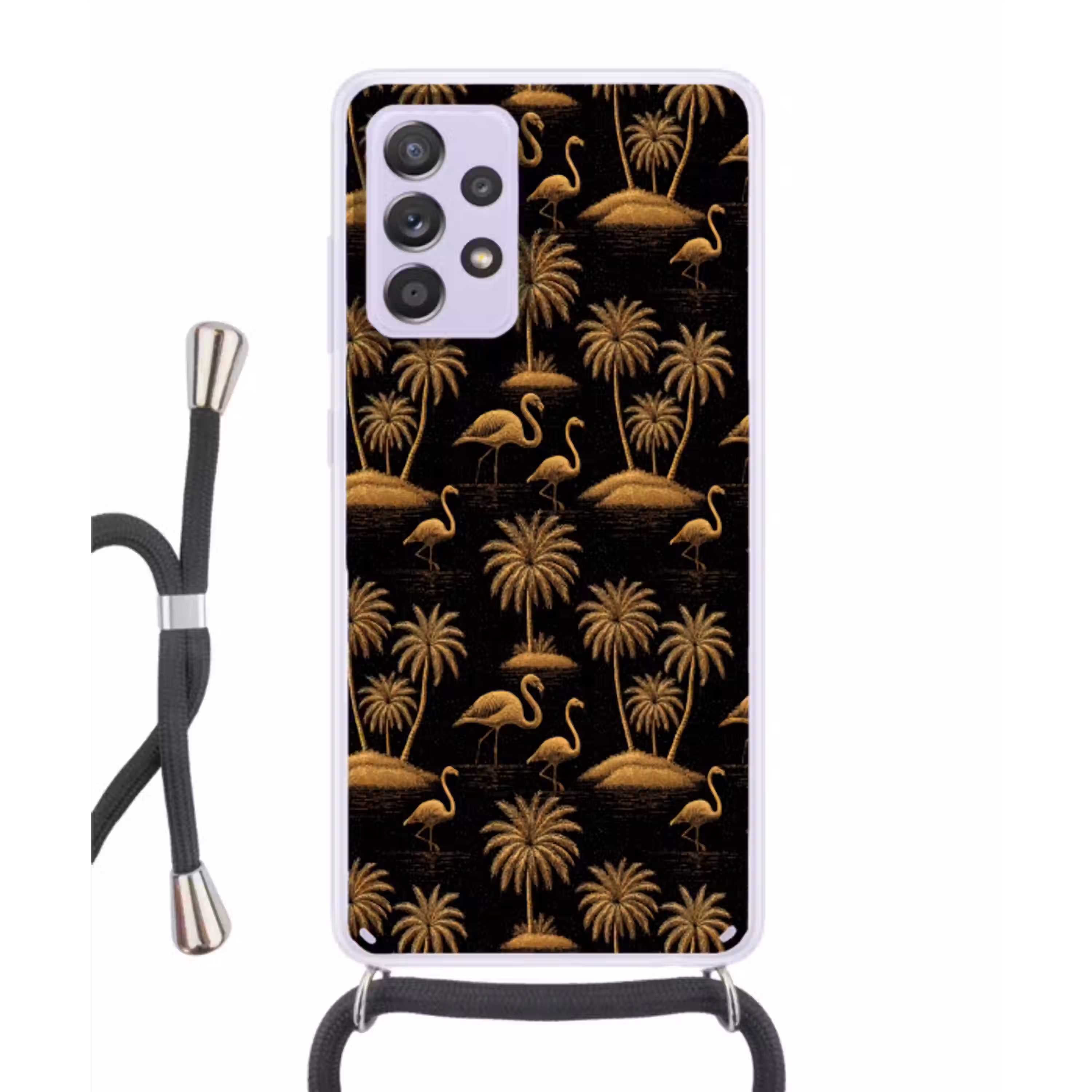 Flamingo - Palmbomen - Tropisch - Goud - Zwart Hoesje Samsung Galaxy A52 5G met koord klein 816 -3d