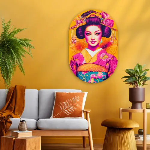 Bloemen - Vrouw - Kimono - Roze Wandcirkel Ovaal Glas middel -sfeer4