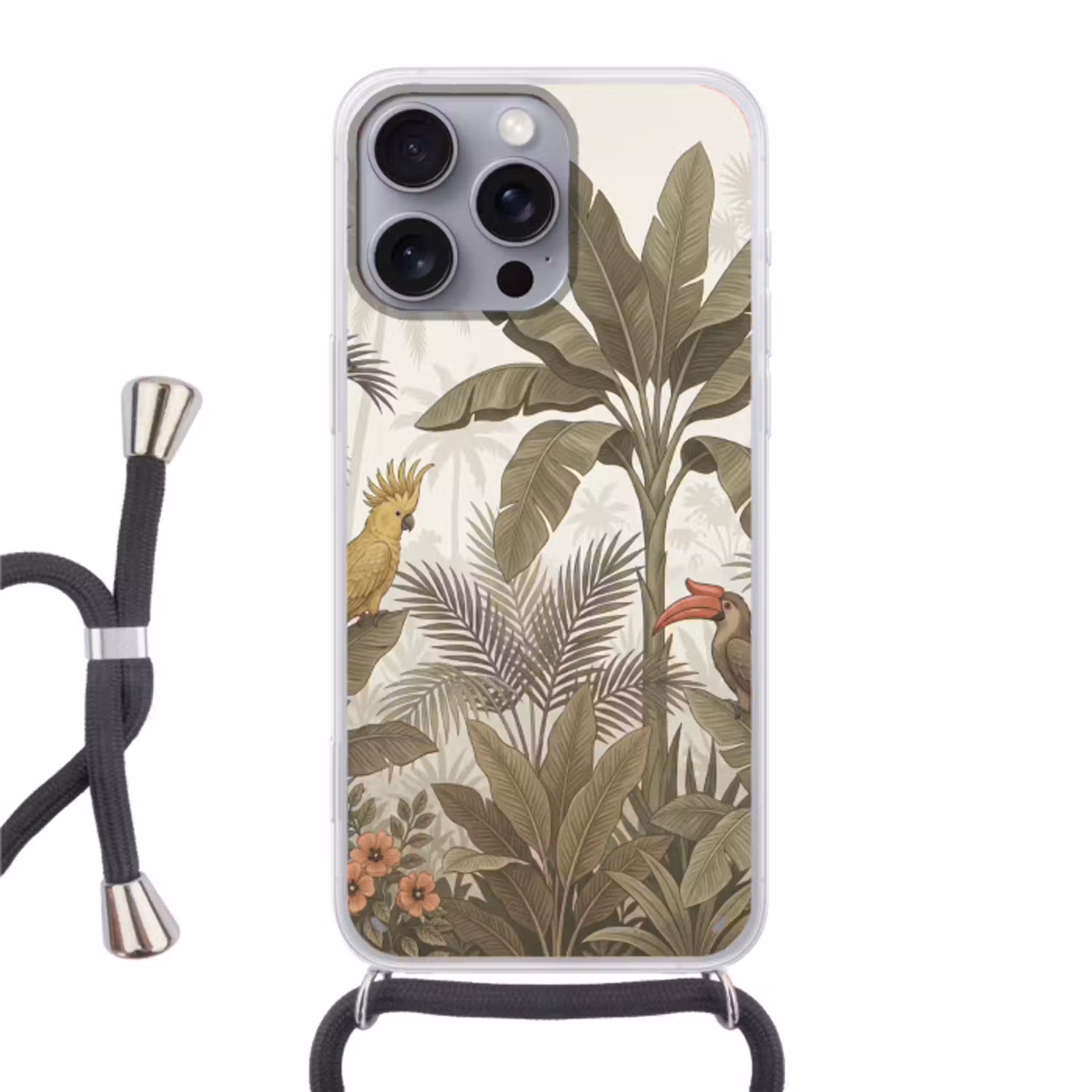 Vogel - Jungle - Tropisch - Illustratie - Groen Hoesje iPhone 16 Pro Max met koord klein -3d