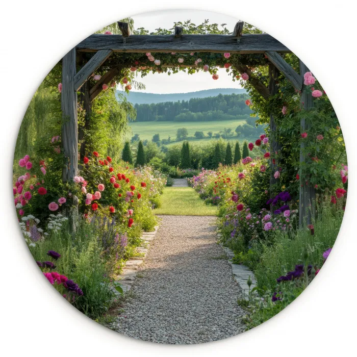 Doorkijk - Landschap - Natuur - Tuinboog - Bloemen Wandcirkel plexiglas klein -3d