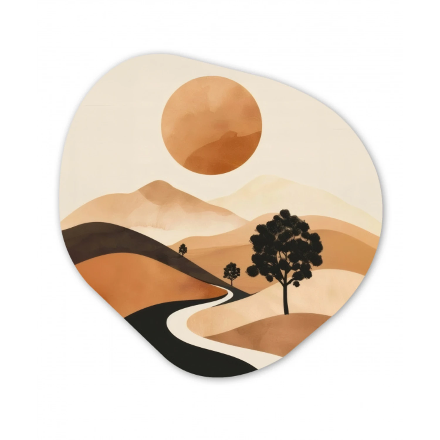 Zon - Heuvels - Boom - Abstract Wandcirkel Organisch Forex 3mm klein -3d