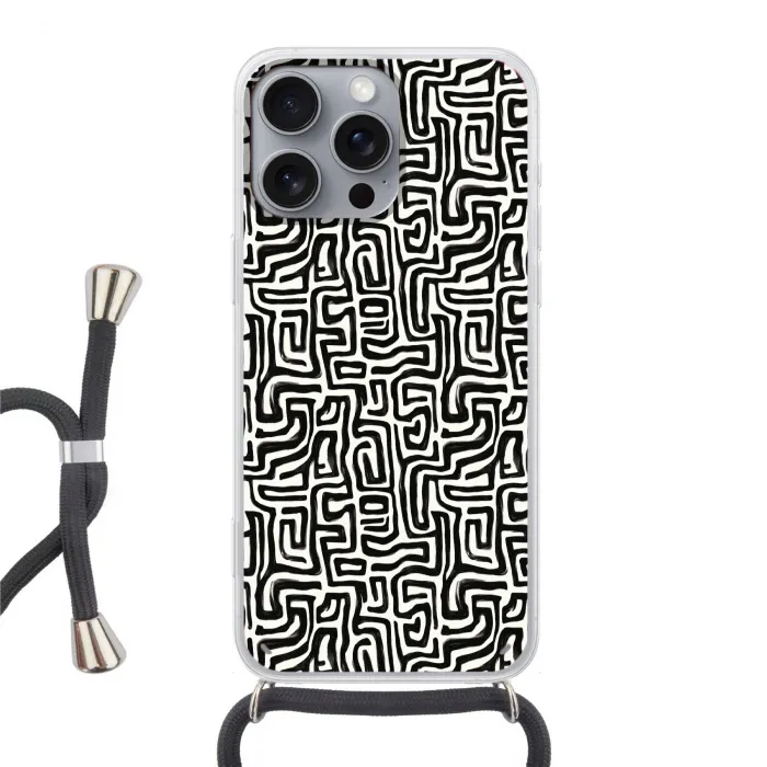 Grafisch - Lijnen - Zwart - Wit Hoesje iPhone 16 Pro Max met koord klein 804 -3d