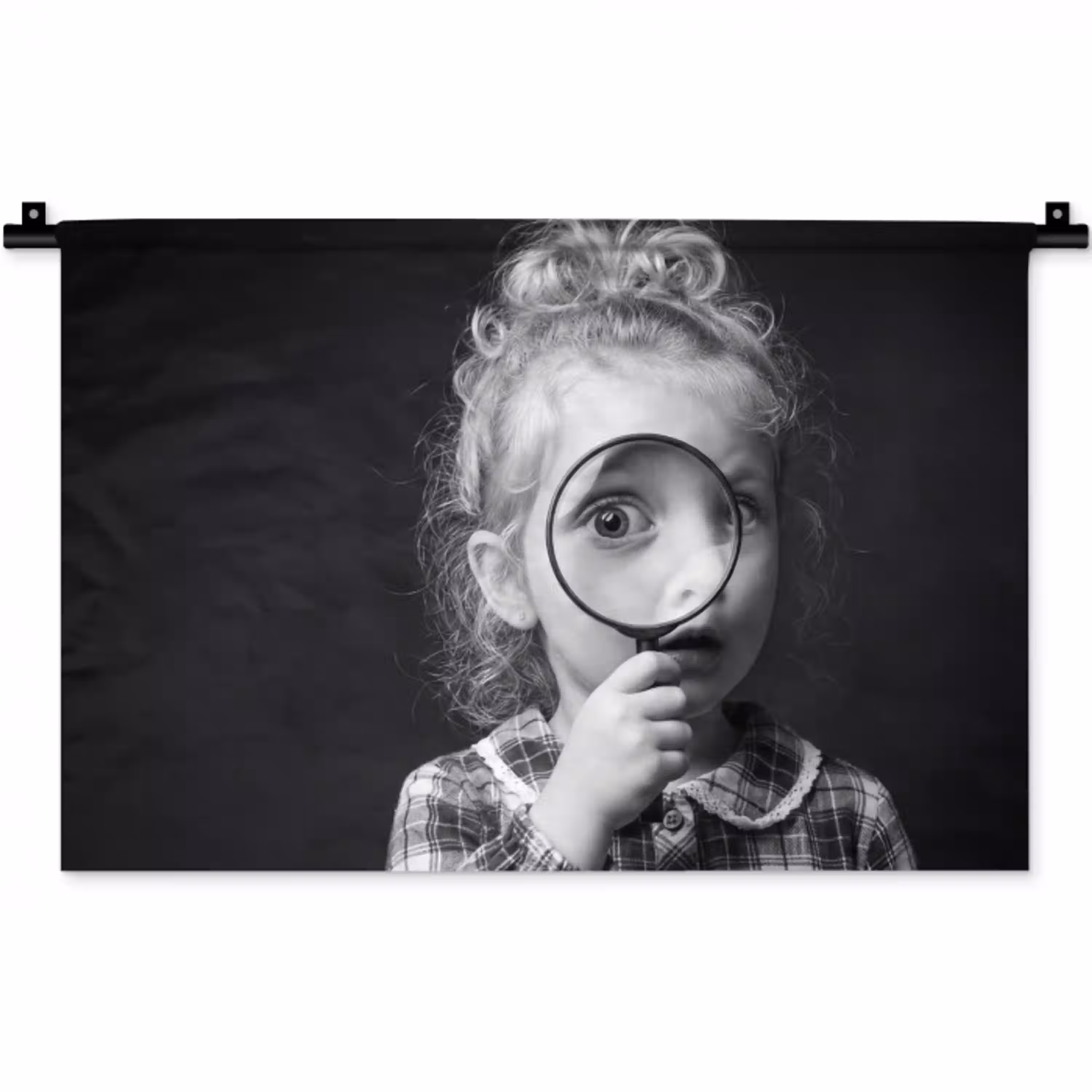 Kind - Vergrootglas - Portret - Zwart-wit Wandkleed katoen klein -zz3d