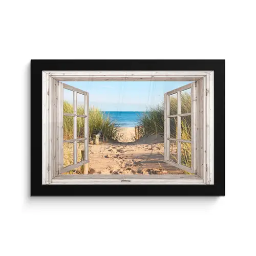 Doorkijk - Strand - Zee - Duinen - Zand - Water - Helmgras fotolijst zwart zonder passe partout klein -3d