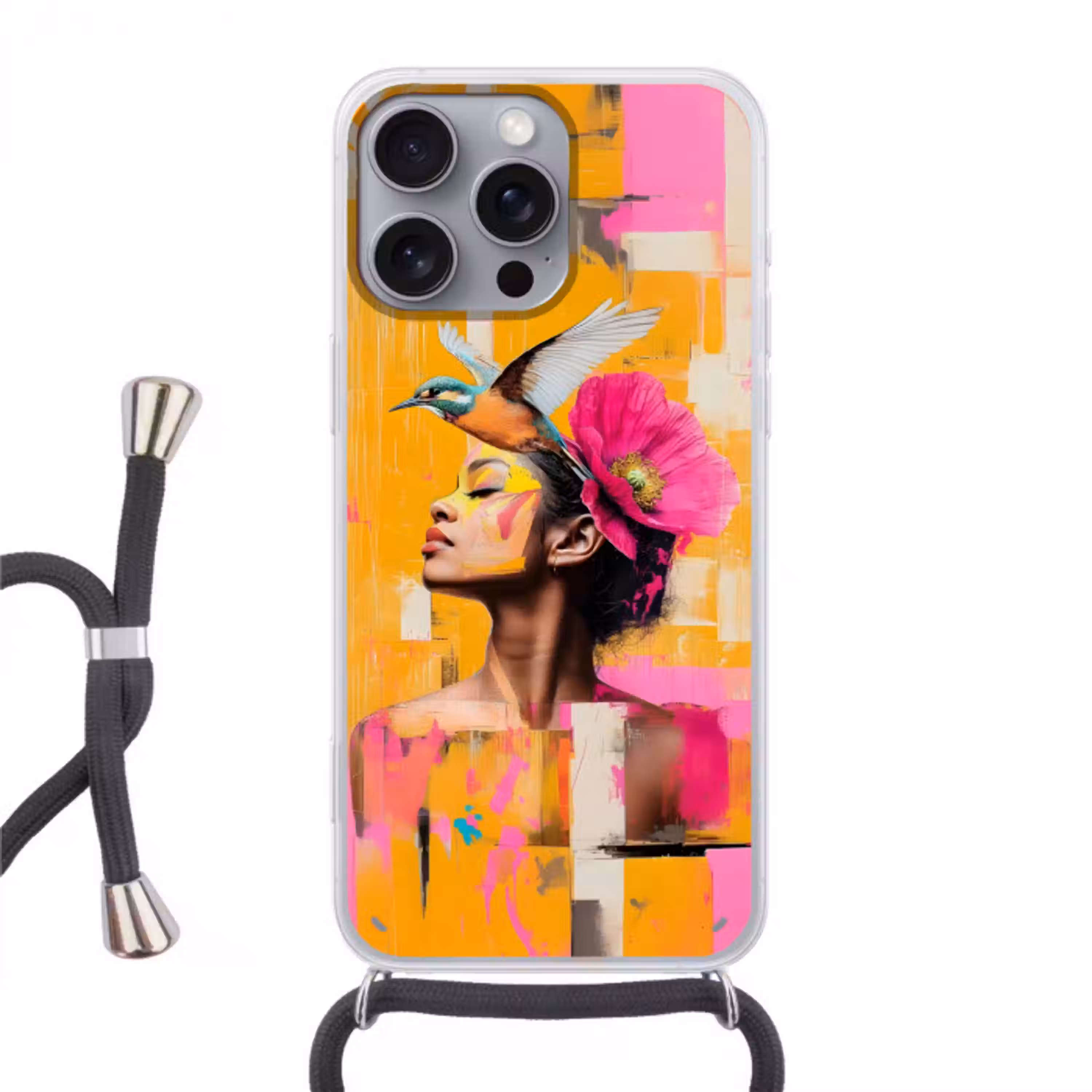 Vogel - Vrouw - Abstract - Bloem Hoesje iPhone 16 Pro Max met koord klein -3d