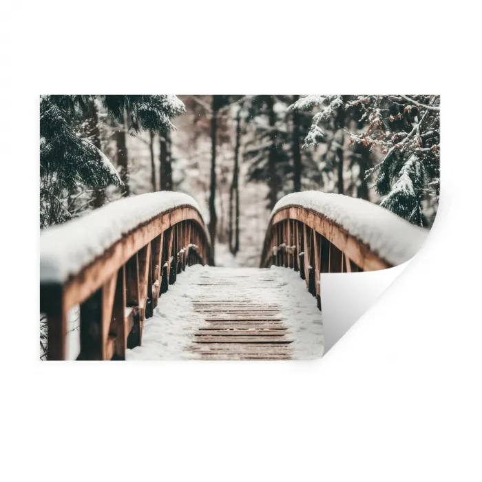 Brug - Winterlandschap - Bos - Natuur - Sneeuw Muursticker klein -3d