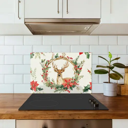 Kerstkrans - Hert - Hulst - Rood keuken achterwand spatscherm klein -sfeer2