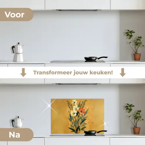 Bladeren - Boeket - Bloemen - Geel keuken achterwand spatscherm klein -voor_na_NL