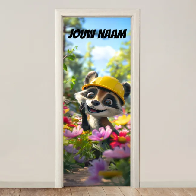 Deursticker met naam - Wasbeer - Bouwhelm - Geel