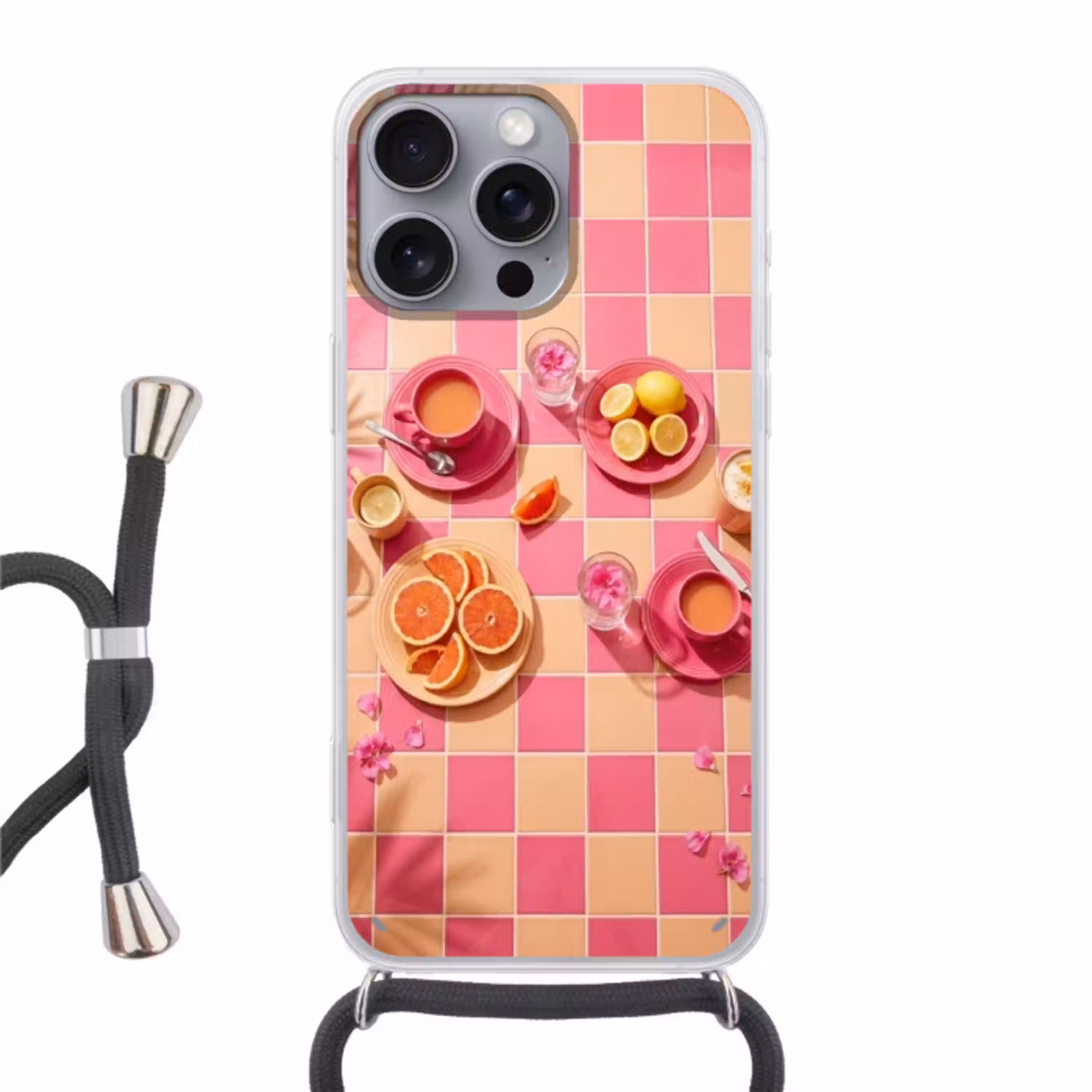 Eten - Citrusvruchten - Stillevens - Roze - Oranje Hoesje iPhone 16 Pro Max met koord klein -3d