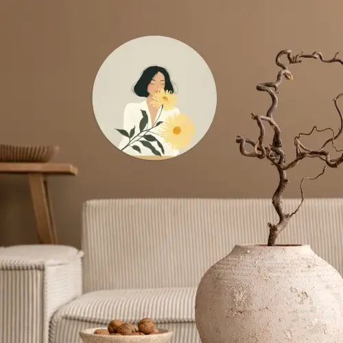 Vrouw - Bloem - Geel - Minimalistisch Wandcirkel behangsticker klein -sfeer1