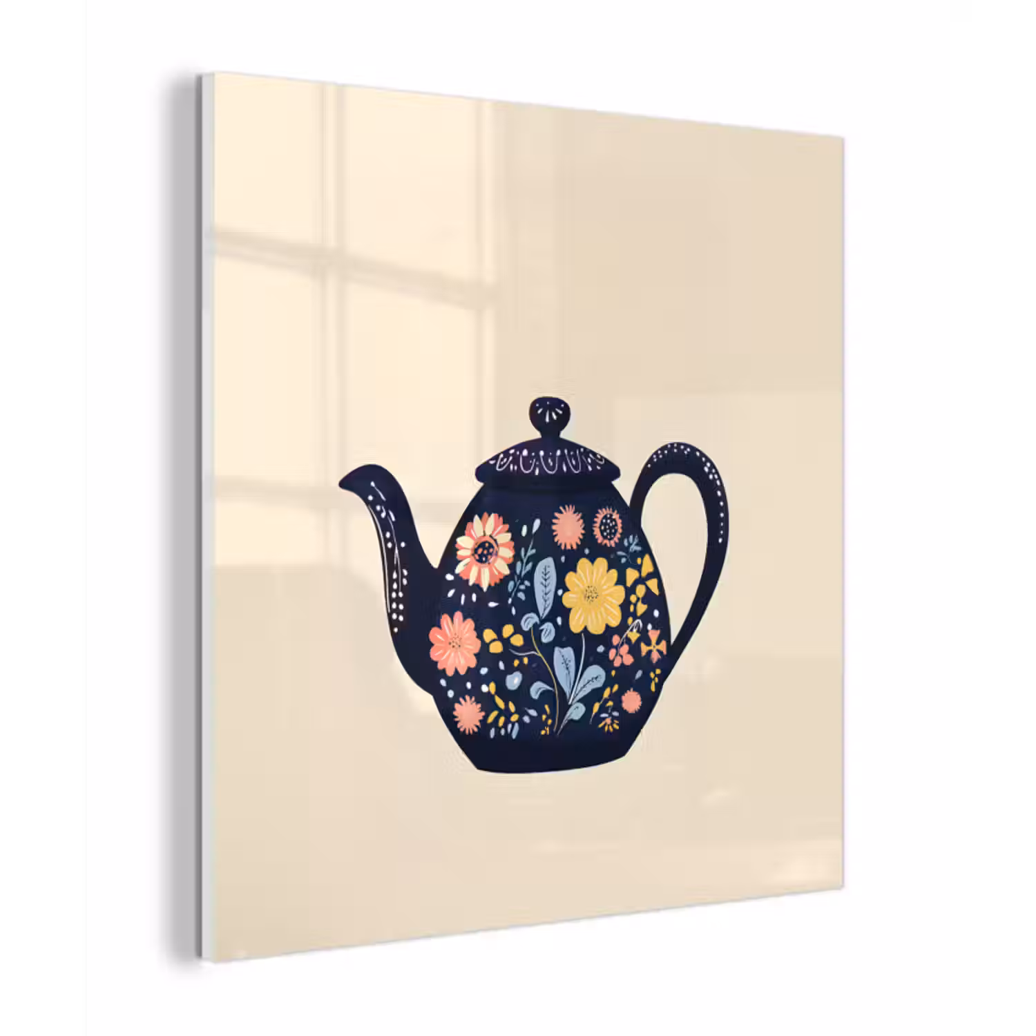 Glas schilderij - Theepot - Kleurrijk - Bloemen