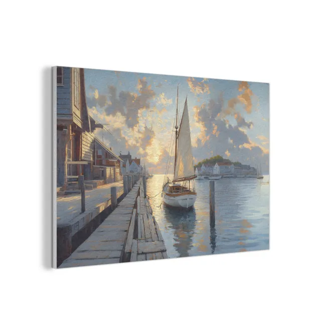 Akoestisch schilderij - Zeilboot - Zon - Pier - Hout